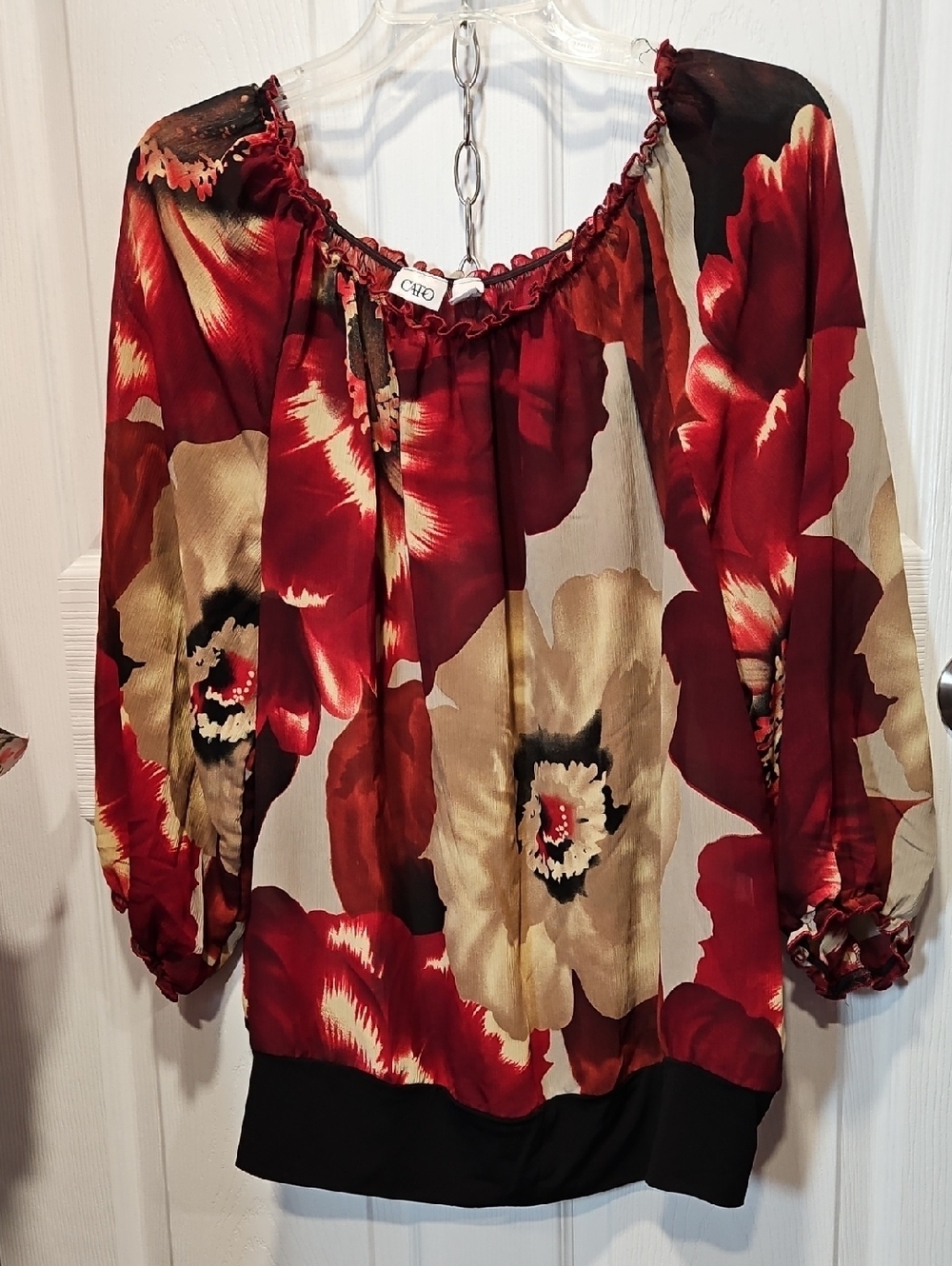 Cato Red & Cream Floral Peasant Blouse